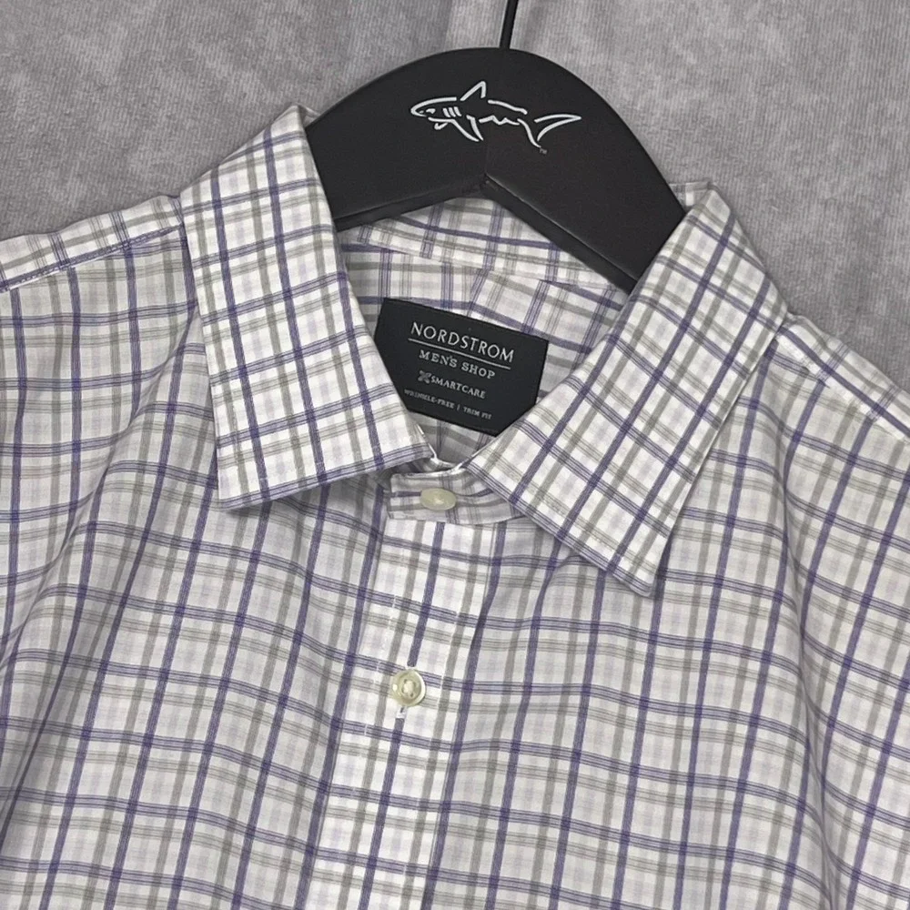 Nordstrom Mens Shop Smartcare Dress Shirt Purple Grey Plaid Trim Fit 16.5 32-33